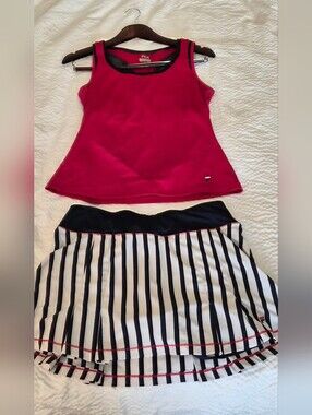 2 Piece Fila Red/ Blue Tank Top w/ Striped Blue/White Skirt w/ Red Lining - M